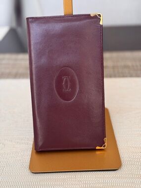 Cartier Burgundy Leather Travel Wallet with Gold Corners